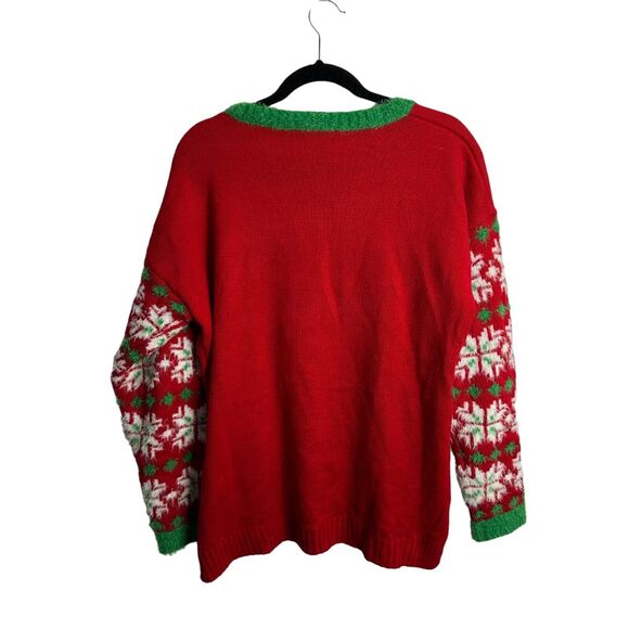 Ugly Christmas Sweater Holiday Pullover XL Red Reindeer Snowflake Fuzzy Green - Picture 2 of 8